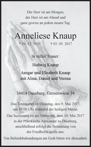 Traueranzeige von Anneliese Knaup von Westfalen-Blatt