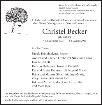 Traueranzeigen Von Christel Becker Westfalen Blatt De