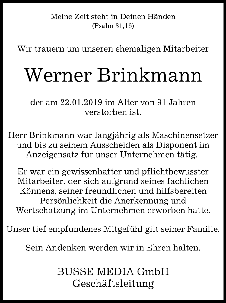 Traueranzeigen Von Werner Brinkmann Westfalen Blatt De