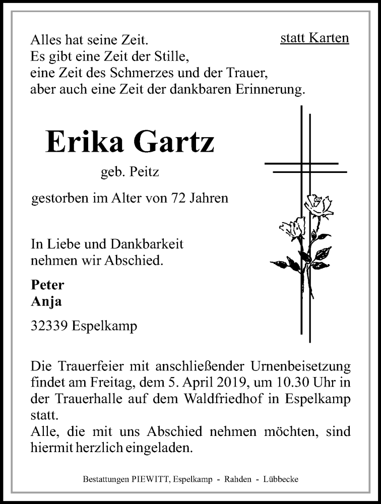 Traueranzeigen Von Erika Gartz Westfalen Blatt De