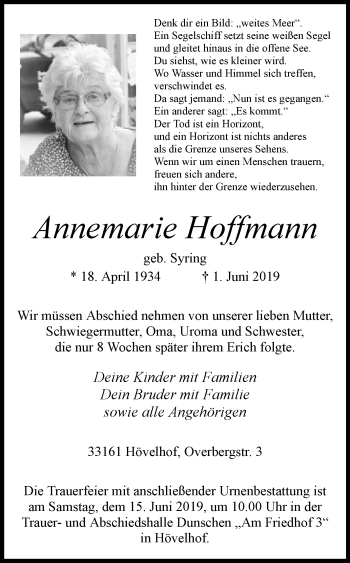 Traueranzeigen Von Annemarie Hoffmann Westfalen Blatt De