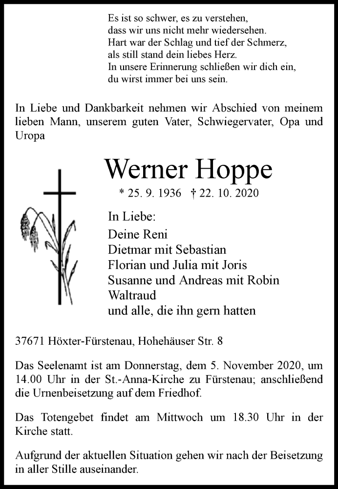 Traueranzeigen Von Werner Hoppe Westfalen Blatt De