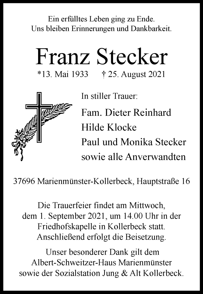 Traueranzeigen Von Franz Stecker Westfalen Blatt De