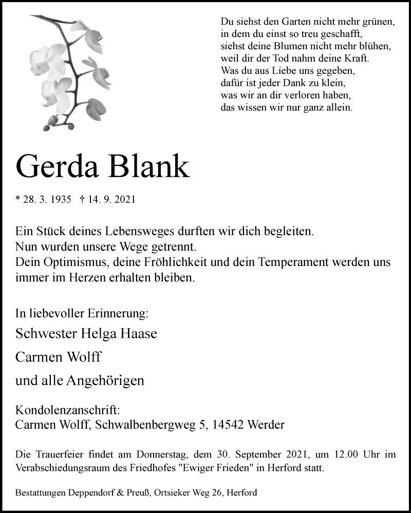 Traueranzeigen Von Gerda Blank Westfalen Blatt De