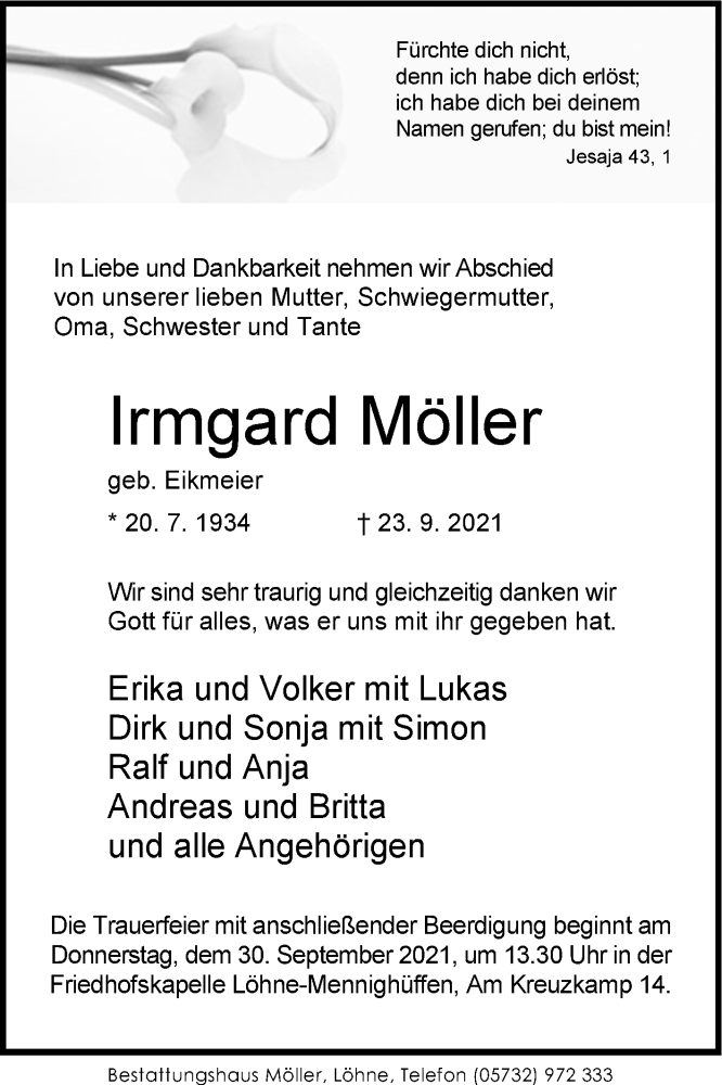 Traueranzeigen von Irmgard Möller westfalen blatt de