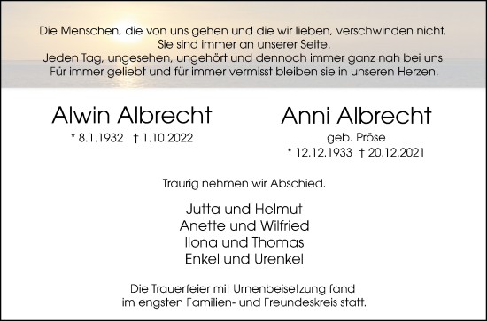 Traueranzeigen Von Alwin Und Anni Albrecht Westfalen Blatt De