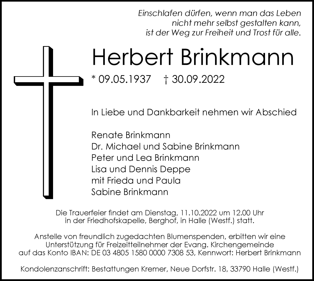 Traueranzeigen Von Herbert Brinkmann Westfalen Blatt De