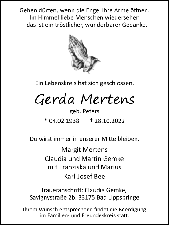 Traueranzeigen Von Gerda Mertens Westfalen Blatt De