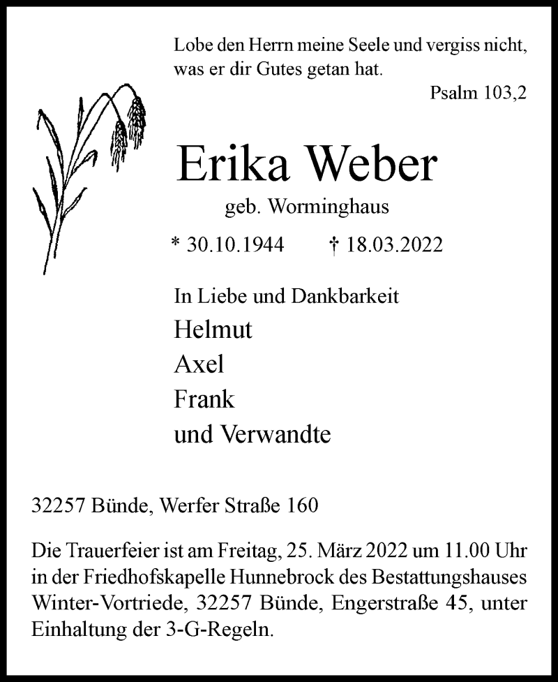 Traueranzeigen Von Erika Weber Westfalen Blatt De