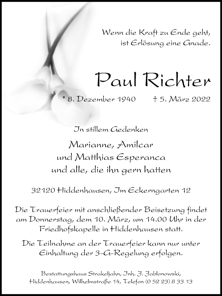 Traueranzeigen Von Paul Richter Westfalen Blatt De