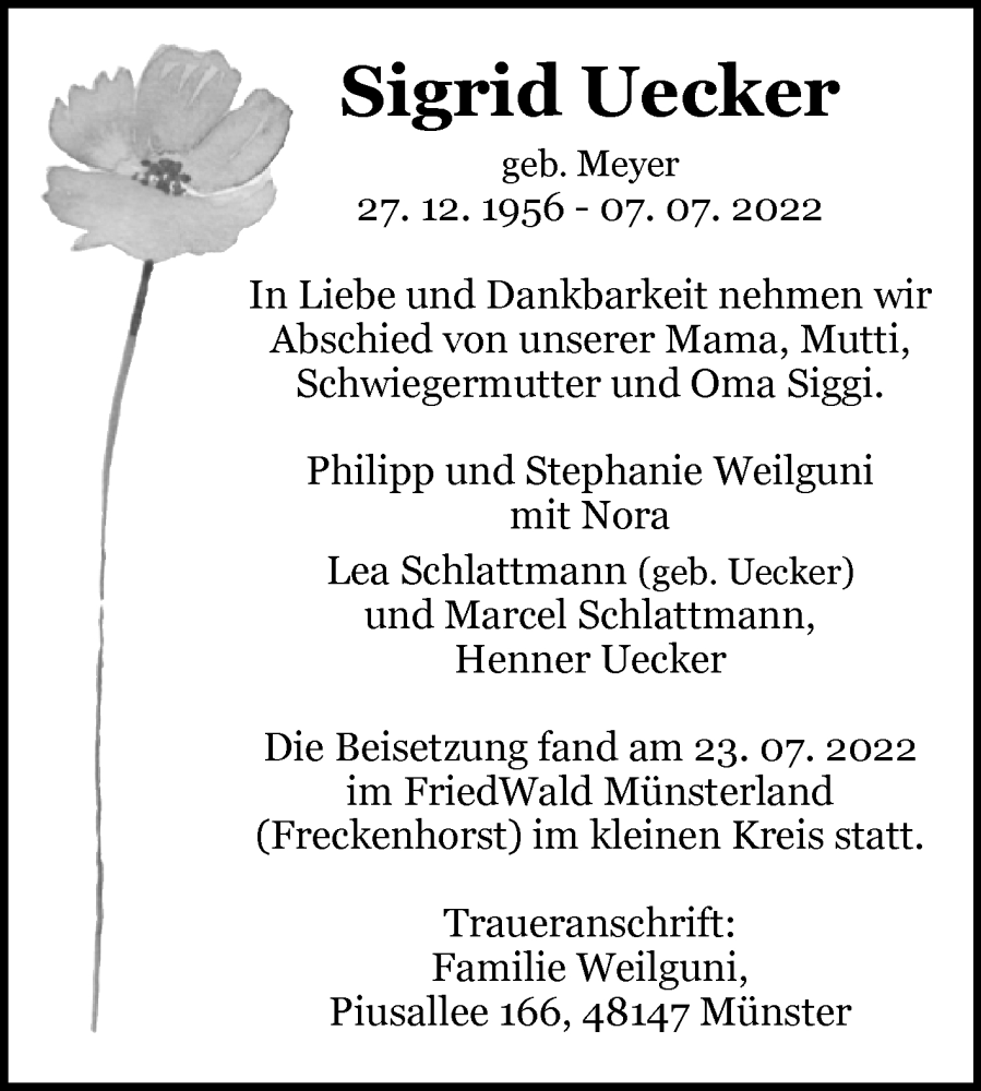 Traueranzeigen Von Sigrid Uecker Westfalen Blatt De