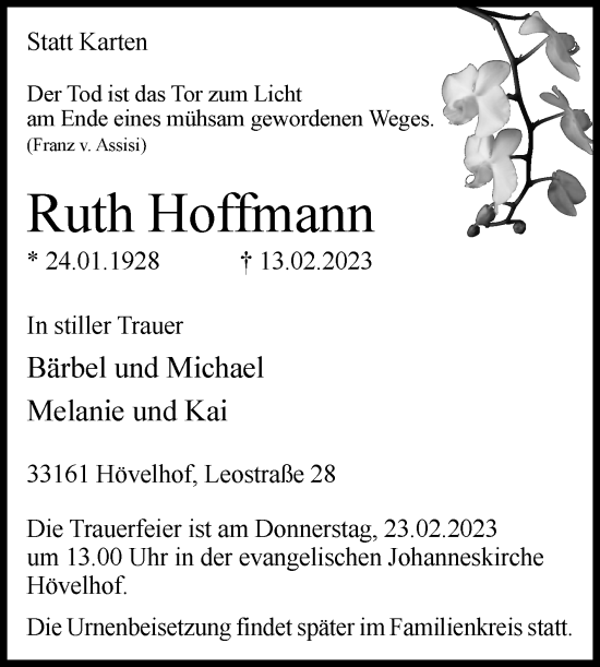 Traueranzeigen Von Ruth Hoffmann Westfalen Blatt De