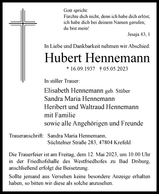 Traueranzeigen Von Hubert Hennemann Westfalen Blatt De