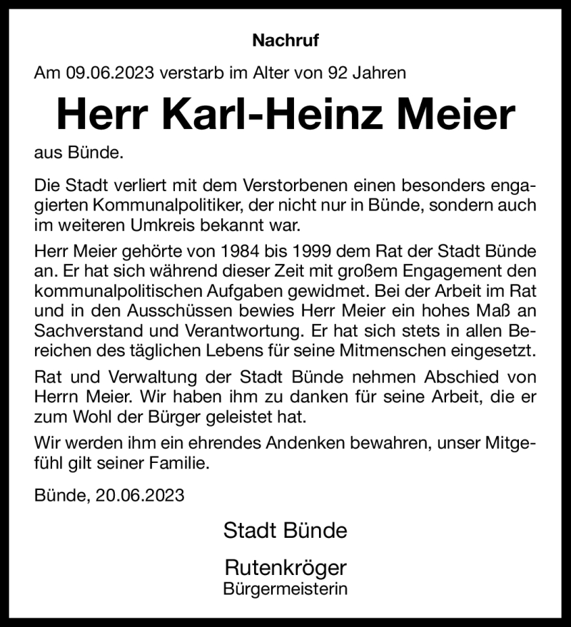 Traueranzeigen Von Karl Heinz Meier Westfalen Blatt De