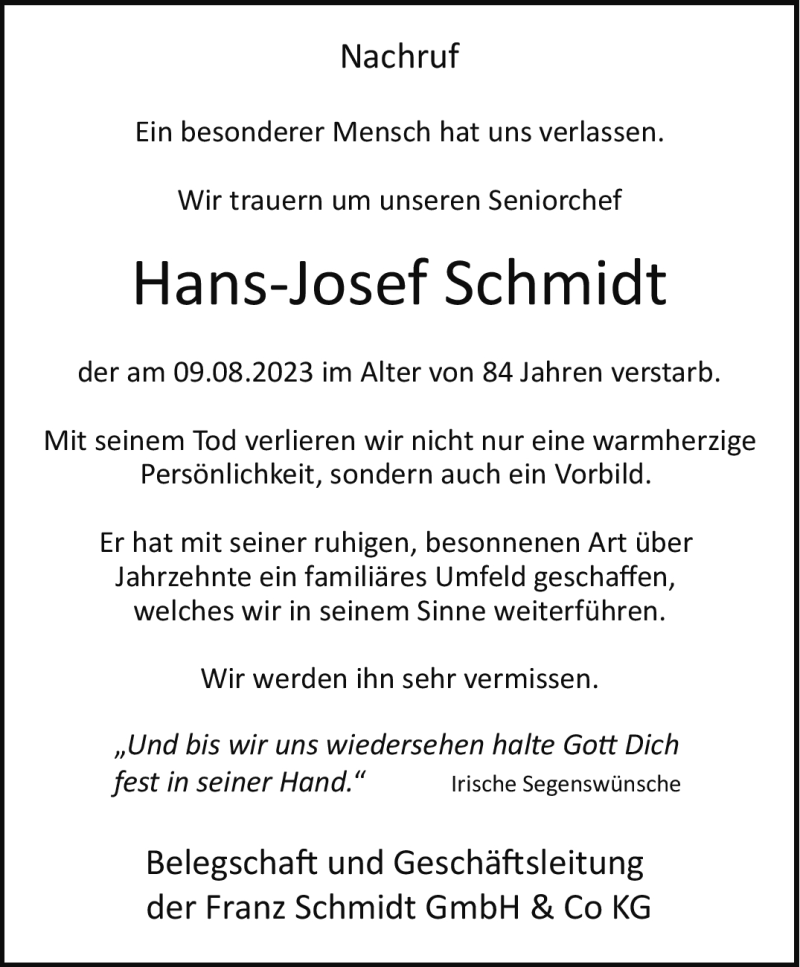 Traueranzeigen Von Hans Josef Schmidt Westfalen Blatt De