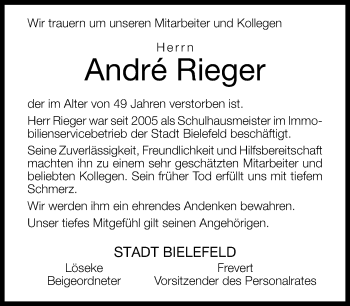 Traueranzeige von André Rieger von Neue Westfälische