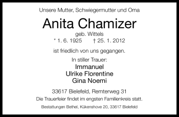 Traueranzeige von Anita Chamizer von Neue Westfälische