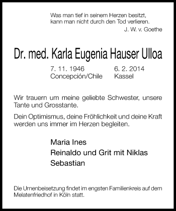 Traueranzeige von Karla Eugenia Hauser Ulloa von Neue Westfälische