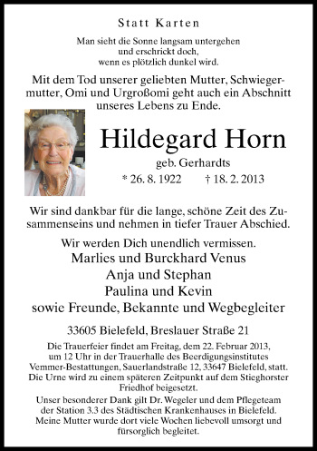 Traueranzeige von Hildegard Horn von Neue Westfälische