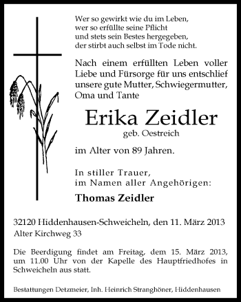 Traueranzeige von Erika Zeidler von Neue Westfälische