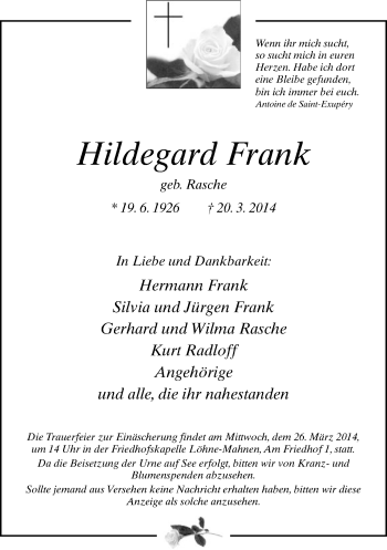 Traueranzeige von Hildegard Frank von Neue Westfälische