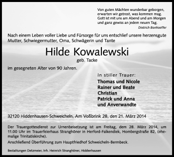 Traueranzeige von Hilde Kowalewski von Neue Westfälische