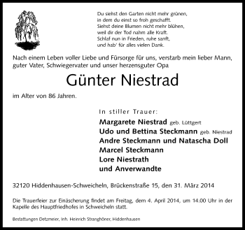 Traueranzeige von Günter Niestrad von Neue Westfälische