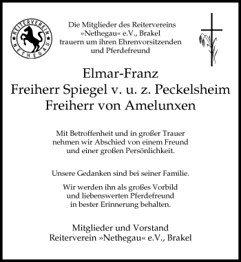 Traueranzeige von Elmar-Franz Freiherr Spiegel v. u. z. Peckelsheim Freiherr von Amelunxen von Neue Westfälische