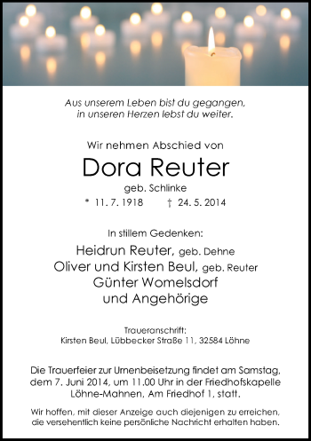 Traueranzeige von Dora Reuter von Neue Westfälische