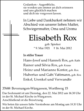 Traueranzeige von Elisabeth Rox von Neue Westfälische