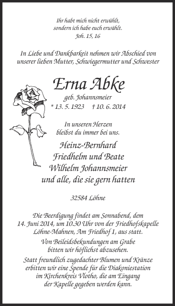 Traueranzeige von Erna Abke von Neue Westfälische