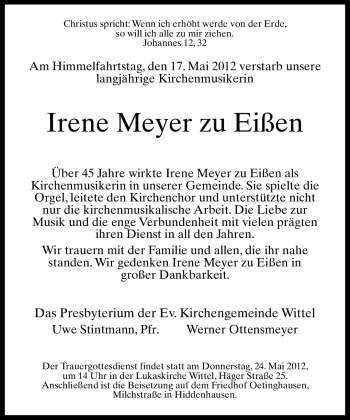 Traueranzeige von Irene Meyer zu Eißen von Neue Westfälische