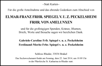 Traueranzeige von  Elmar-Franz Frhr. Spiegel v.u.z. Peckelsheim Frhr. von Amelunxen von Neue Westfälische