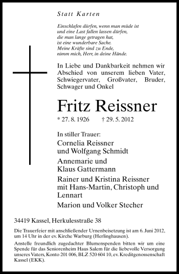 Traueranzeige von Fritz Reissner von Neue Westfälische