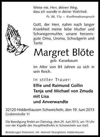 Traueranzeige von Margret Blöte von Neue Westfälische