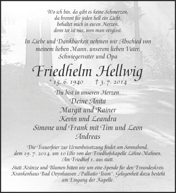 Traueranzeige von Friedhelm Hellwig von Neue Westfälische