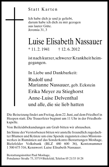 Traueranzeige von Luise Elisabeth Nassauer von Neue Westfälische