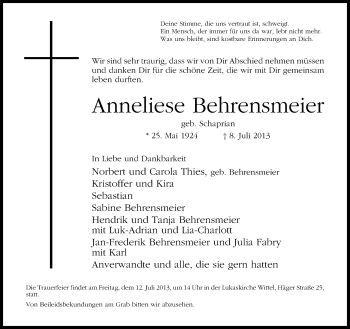 Traueranzeige von Anneliese Behrensmeier von Neue Westfälische