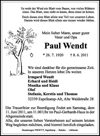 Traueranzeige von Paul Wendt von Neue Westfälische