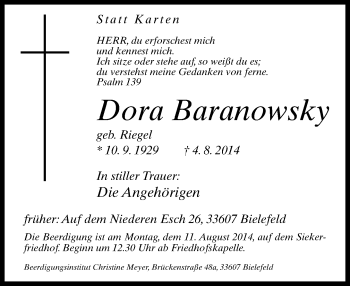 Traueranzeige von Dora Baranowsky von Neue Westfälische