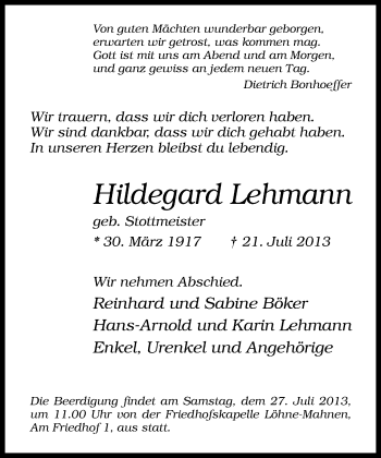 Traueranzeige von Hildegard Lehmann von Neue Westfälische