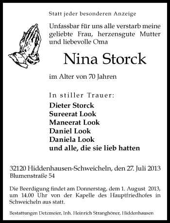 Traueranzeige von Nina Storck von Neue Westfälische