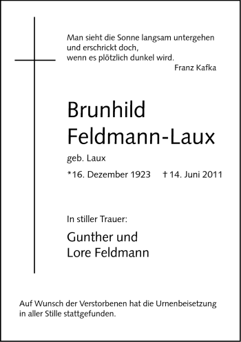 Traueranzeige von Brunhild Feldmann-Laux von Neue Westfälische