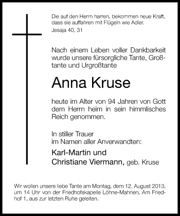 Traueranzeige von Anna Kruse von Neue Westfälische