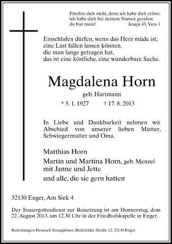 Traueranzeige von Magdalena Horn von Neue Westfälische