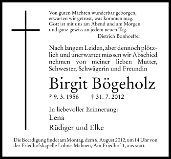 Traueranzeige von Birgit Bögeholz von Neue Westfälische