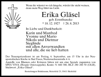 Traueranzeige von Erika Gläsel von Neue Westfälische