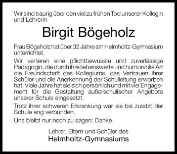 Traueranzeige von Birgit Bögeholz von Neue Westfälische