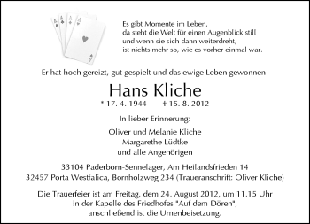 Traueranzeige von Hans Kliche von Neue Westfälische