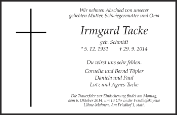 Traueranzeige von Irmgard Tacke von Neue Westfälische